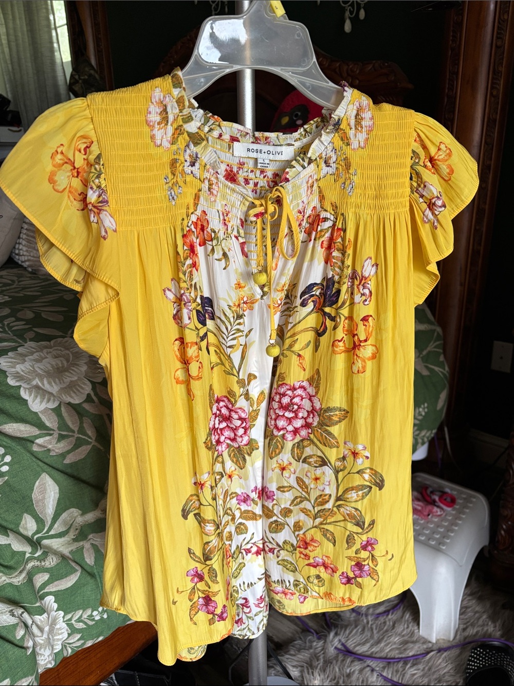 Rose & Olive Yellow Floral Flutter Sleeve Smocked Yoke Top
